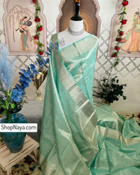 Thumbnail for ShopNaya Exclusive | Metallic Kanchipuram Pure Silk Saree | Pastel Cyan Blue | Pure Silver Zari | Handwoven | Ships from California