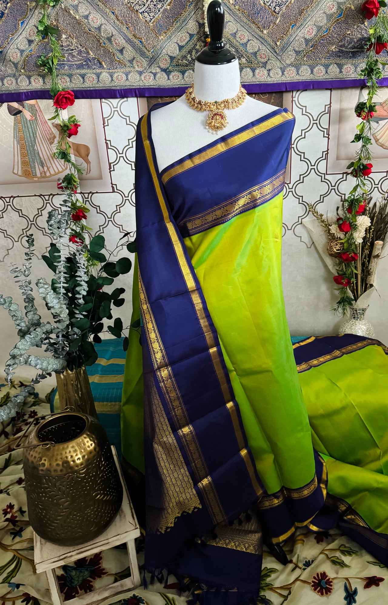 Kanchipuram Pure Silk Pure Zari Korvai Saree | Purple & Chartreuse | Contrast Border | Handwoven | Ships from California