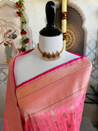 Thumbnail for Banarasi Katan Pure Silk Saree | Bright Salmon Pink | Gold Zari | Handwoven | Silk Mark Certified | Ships from California