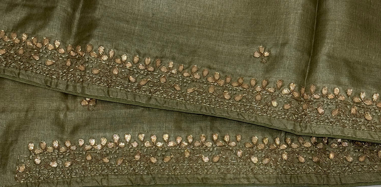Lightweight Gotta Patti Embroidery Pure Tussar Silk Saree | Sage Green | Hand Embroidery | Ships from California
