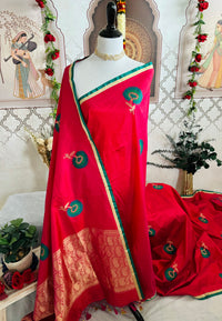 Thumbnail for Banarasi Katan Silk Saree | Kadwa weave | Hot Pink | Gold Zari | Handwoven | Silk Mark Certified | Ships from California