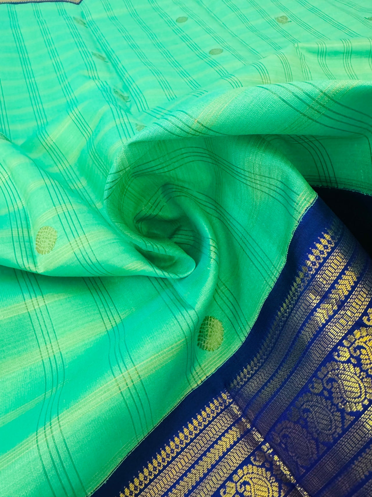 Exclusive Kanchivaram Korvai Pure Silk Pure Zari Silk Saree | Navy Blue & Light Green | Gold Zari | Handwoven | Ships from California