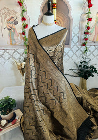 Thumbnail for Banarasi Katan Brocade Pure Silk Saree | Black | Gold Zari | Handwoven | Silk Mark Certified | Ships from California