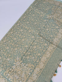 Thumbnail for Silk Organza Saree | Light Sea Green | Gold & Silver Zari | Handwoven | Ships from California