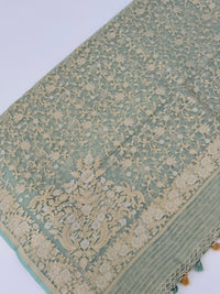 Thumbnail for Silk Organza Saree | Light Sea Green | Gold & Silver Zari | Handwoven | Ships from California
