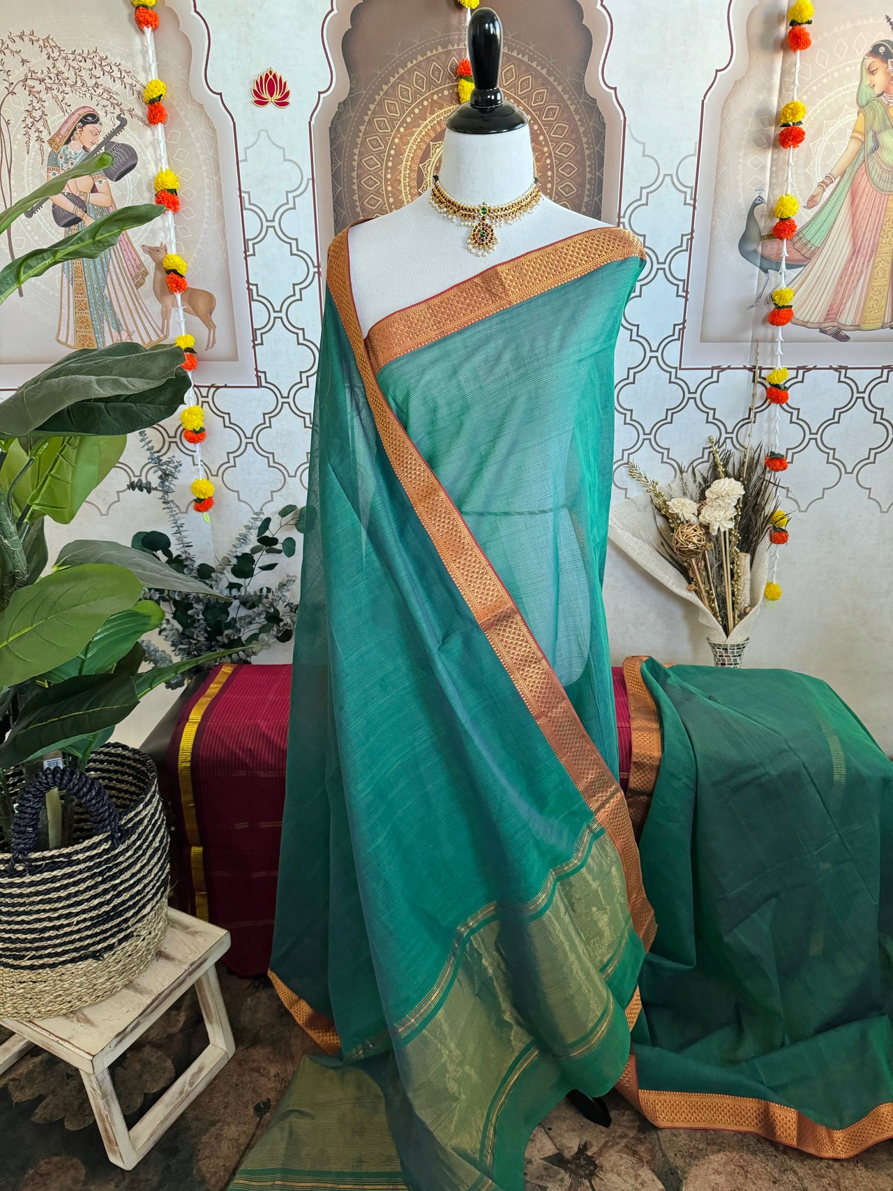 Handwoven Mangalgiri Cotton Saree | Peacock Blue Green | Gold Zari | Handwoven | Ships from California