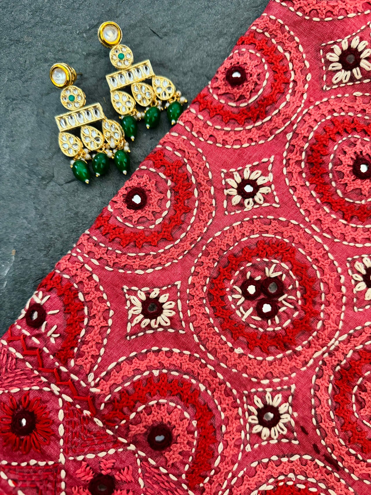 Lightweight Kutch Mirror Embroidery Pure Tussar Silk Saree | Shade of Light Vermillion Red | Hand Embroidery | Ships from California