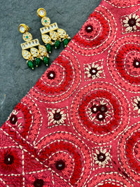 Thumbnail for Lightweight Kutch Mirror Embroidery Pure Tussar Silk Saree | Shade of Light Vermillion Red | Hand Embroidery | Ships from California