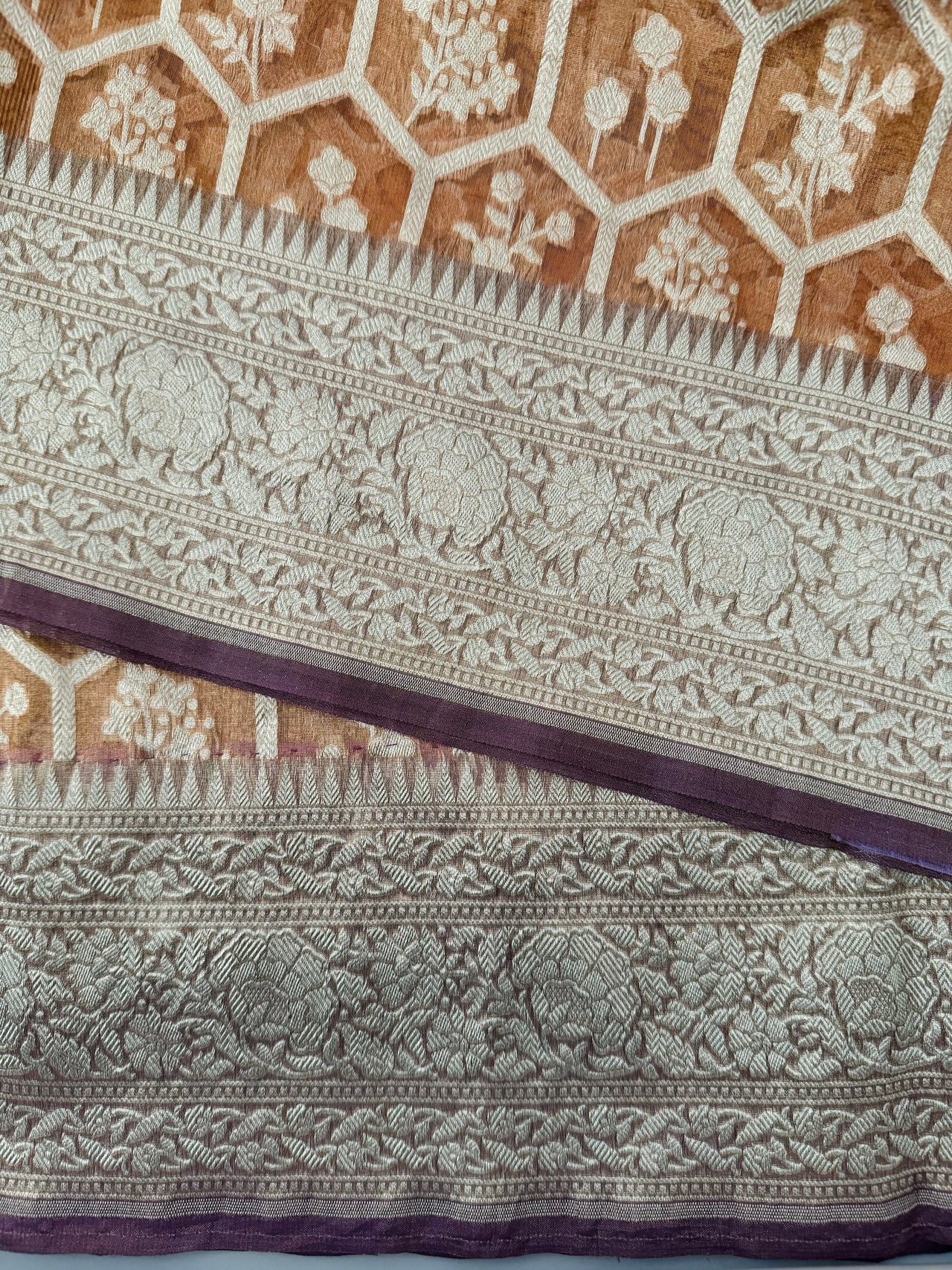 Organza Silk Sari from Banaras | Metallic Rust Orange | Gold Zari | Handwoven | Ships from California