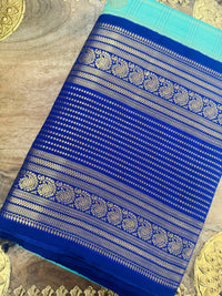 Thumbnail for Exclusive Kanchivaram Korvai Pure Silk Pure Zari Silk Saree | Navy Blue & Light Green | Gold Zari | Handwoven | Ships from California