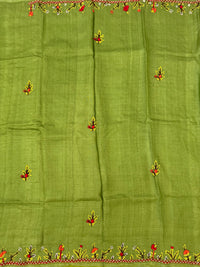 Thumbnail for Lightweight Tribal Lambani Embroidery Pure Tussar Silk Saree | Light Moss Green | Hand Embroidery | Ships from California