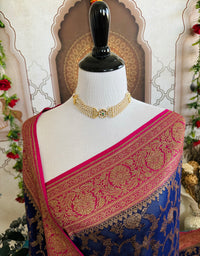 Thumbnail for Handwoven Chiffon Saree | Royal Blue & Magenta | Gold Zari | Ships from California