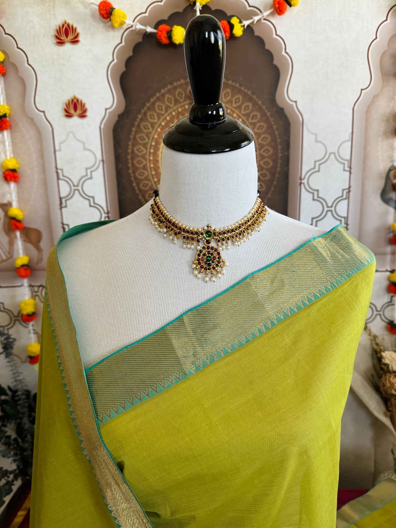 Handwoven Mangalgiri Cotton Saree | Chartreuse | Gold Zari | Handwoven | Ships from California