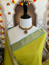 Thumbnail for Handwoven Mangalgiri Cotton Saree | Chartreuse | Gold Zari | Handwoven | Ships from California