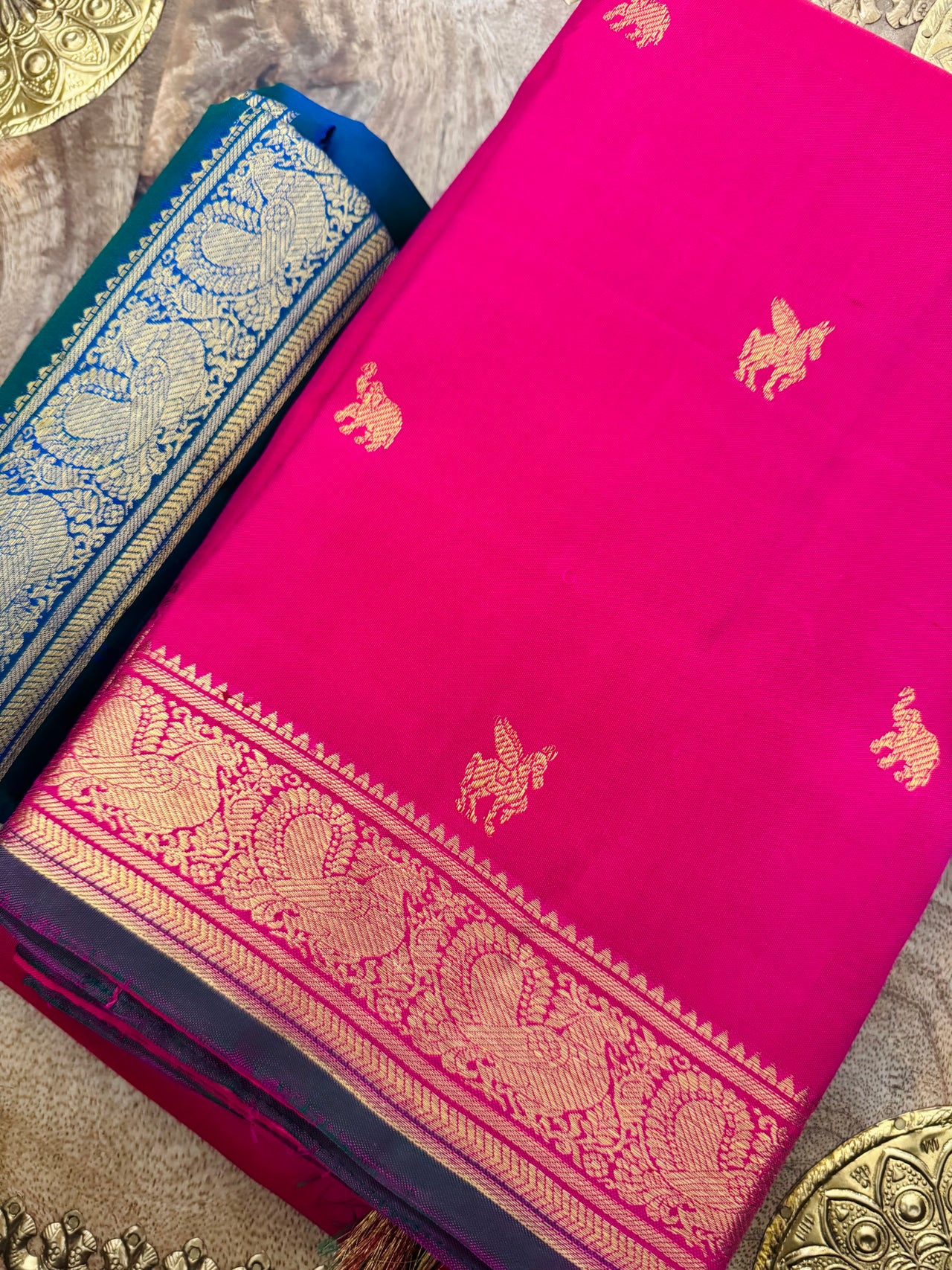 Kanchivaram Pure Silk Pure Zari Silk Saree | Pink | Contrast Blue Blouse | Gold Zari | Handwoven | Ships from California