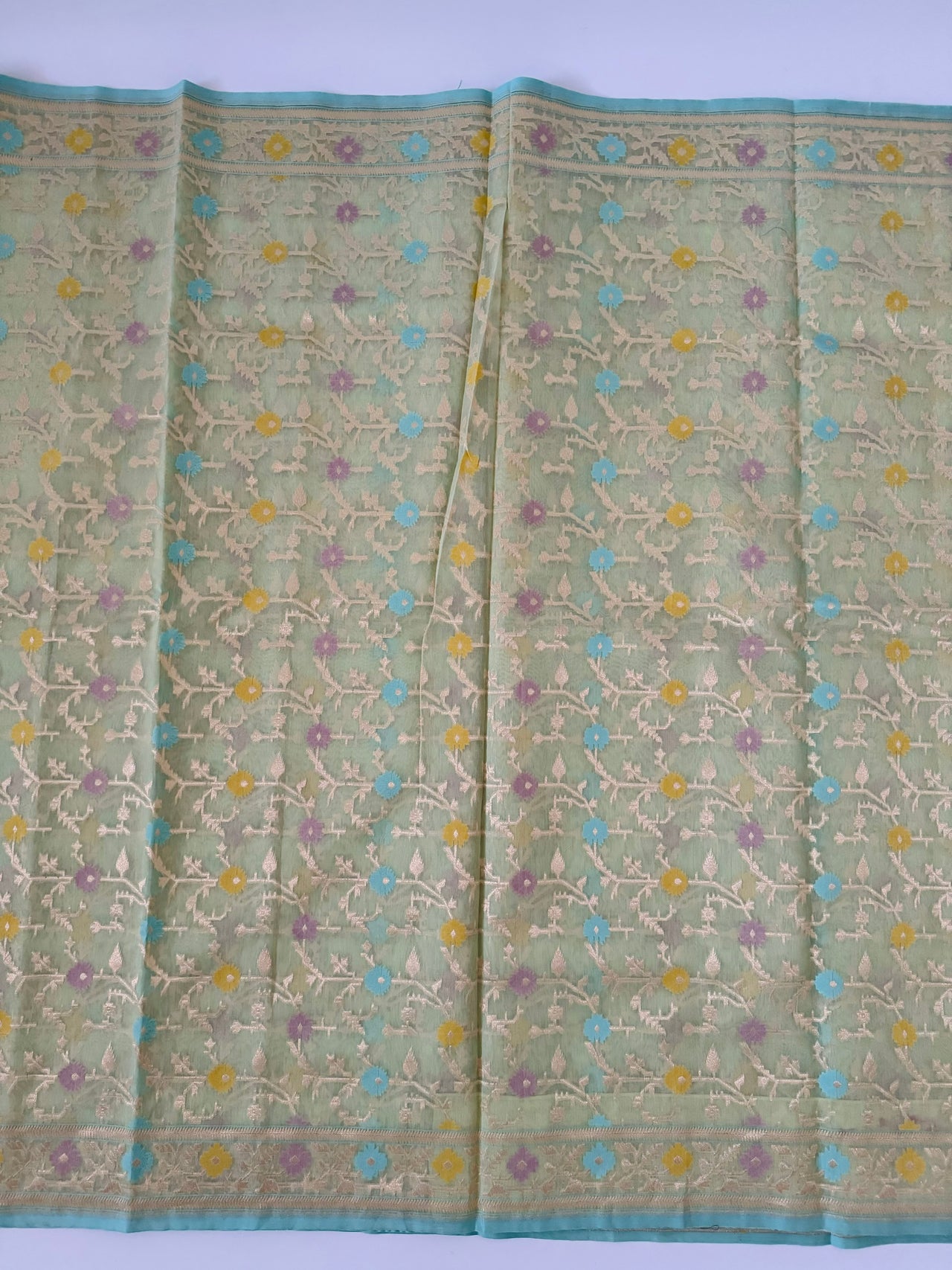 Organza & Cotton Patola Saree from Banaras | Light Pistachio Green | Gold Zari | Handwoven | Ships from California