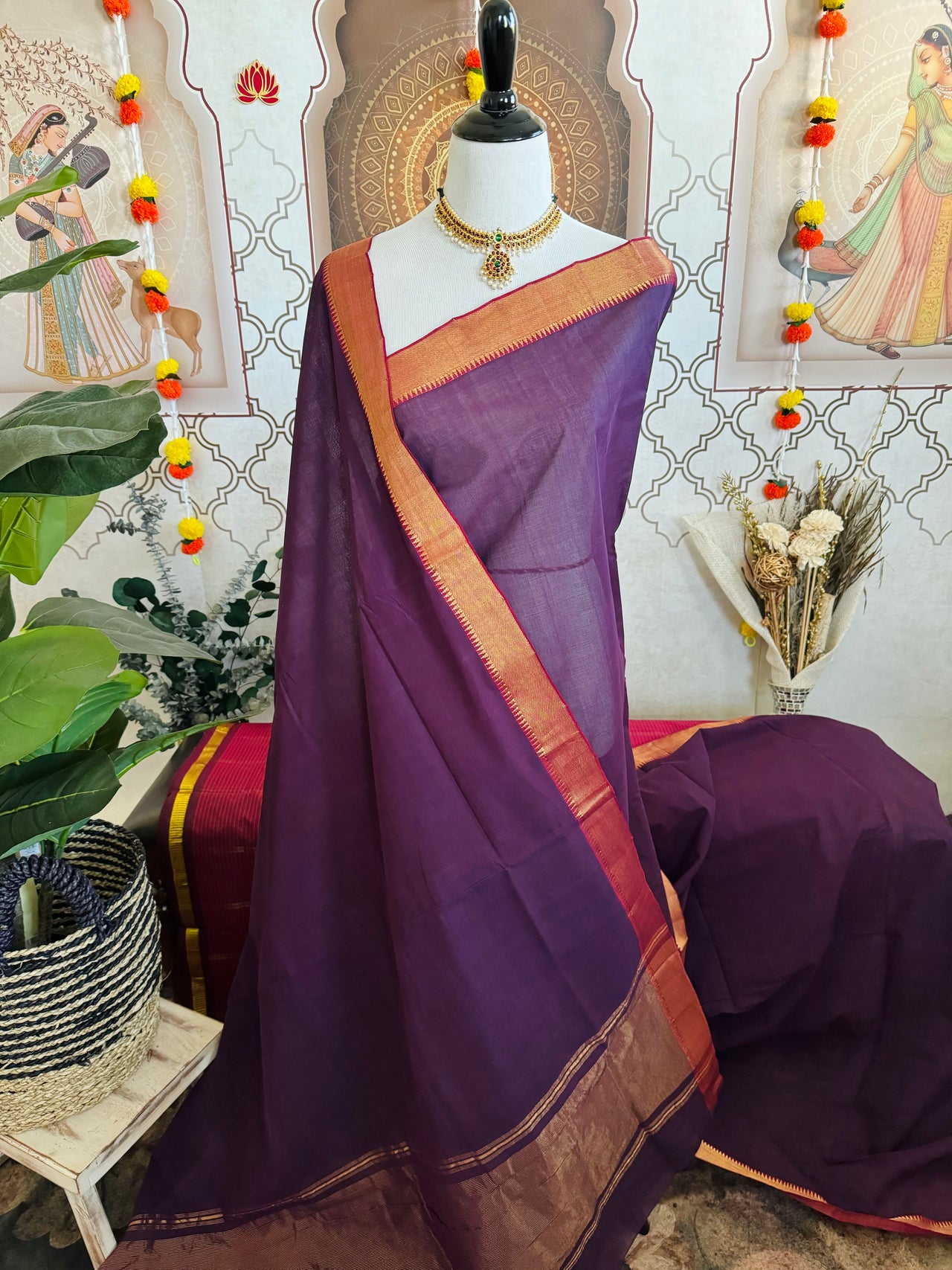 Handwoven Mangalgiri Cotton Saree | Deep Purple | Gold Zari | Ships from California