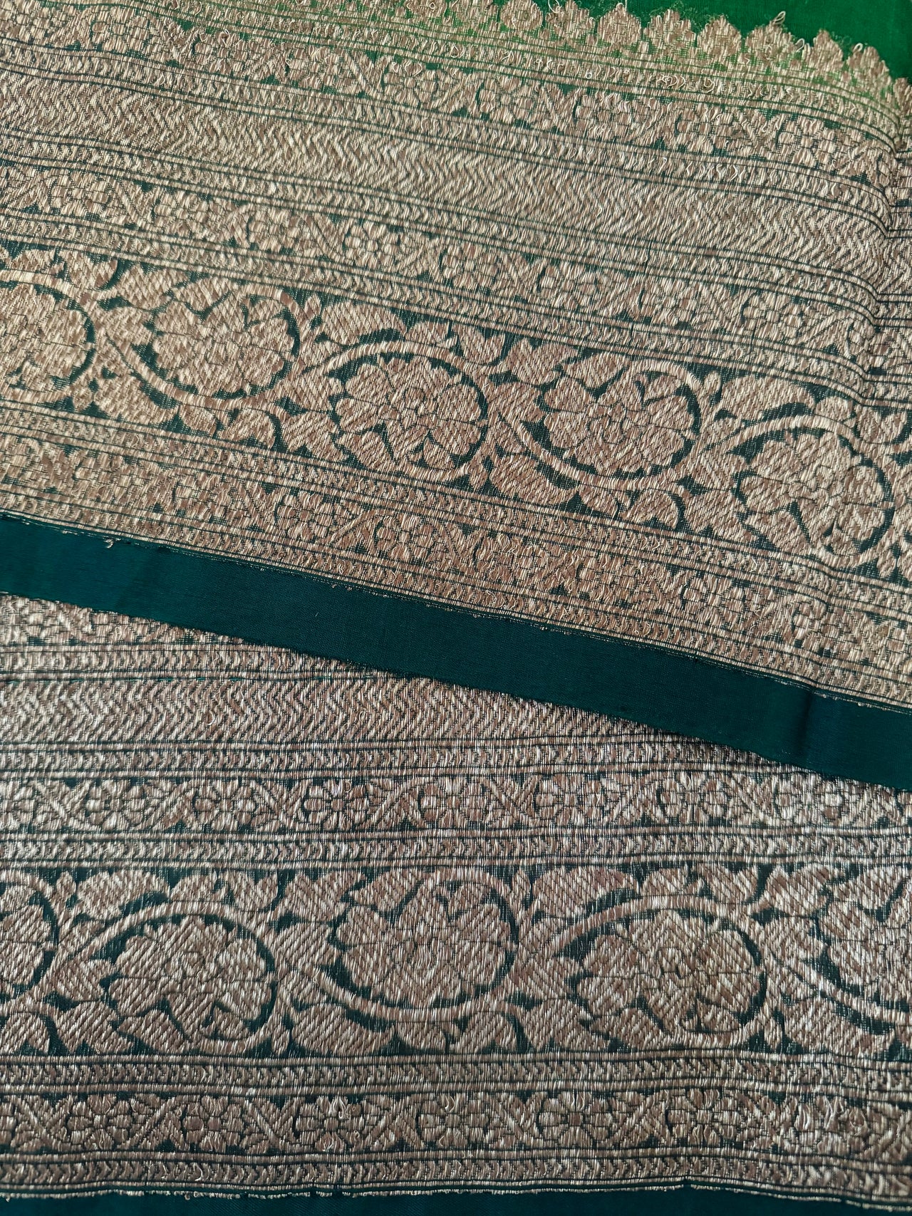 Sheer Lightweight Organza Silk Saree with Tussar Silk Border | Antique Zari | Shade of Forest Green | Handwoven | Ships from California