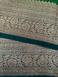 Thumbnail for Sheer Lightweight Organza Silk Saree with Tussar Silk Border | Antique Zari | Shade of Forest Green | Handwoven | Ships from California