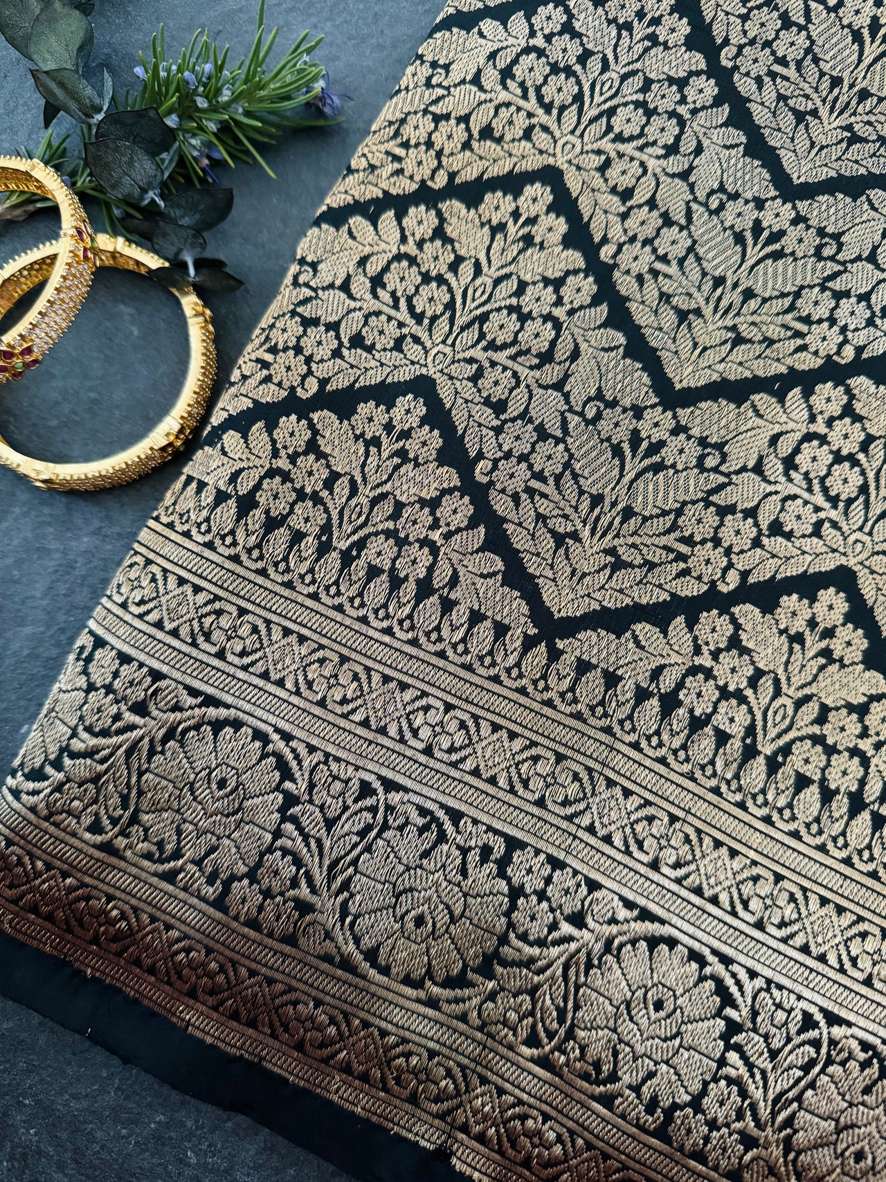 Banarasi Katan Brocade Pure Silk Saree | Black | Gold Zari | Handwoven | Silk Mark Certified | Ships from California