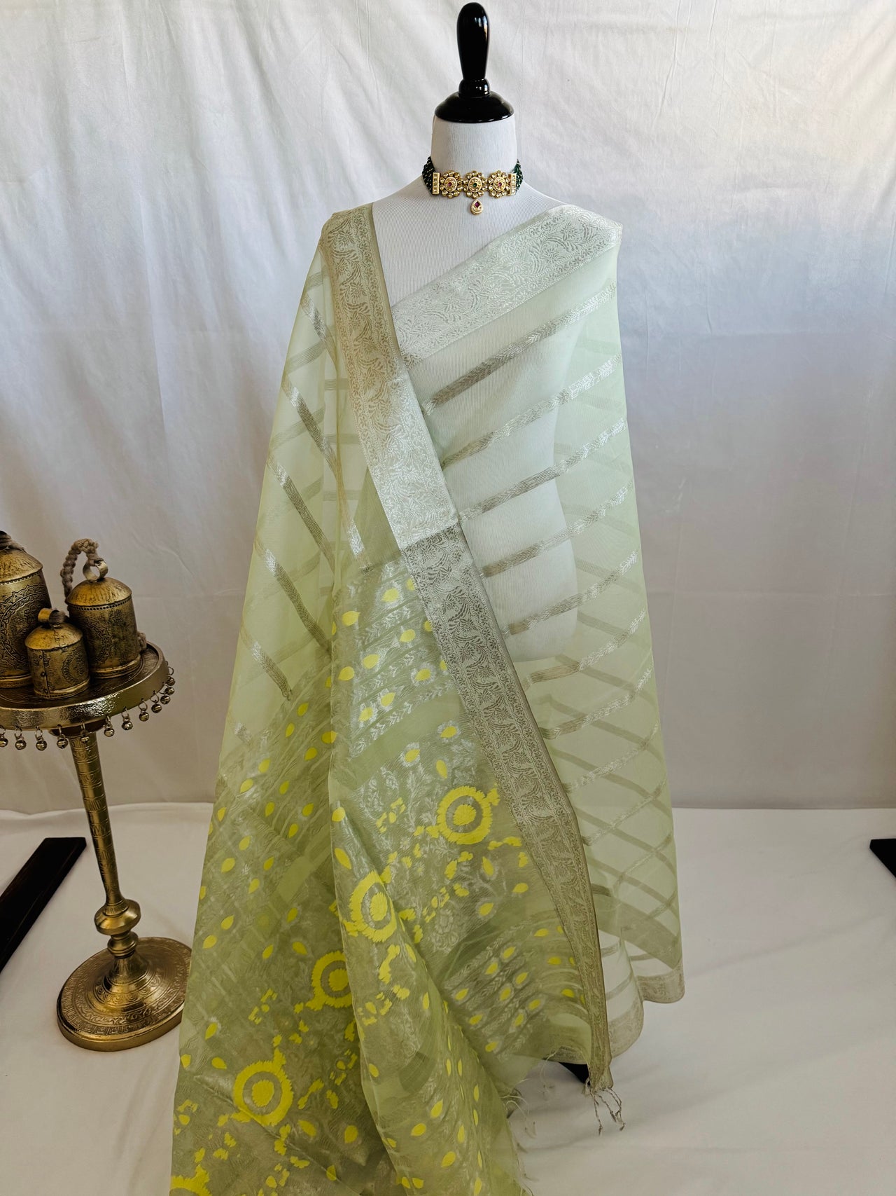 ShopNaya Exclusive | Handwoven | Silk Organza | Pastel Green | Silver Zari | Ships from California