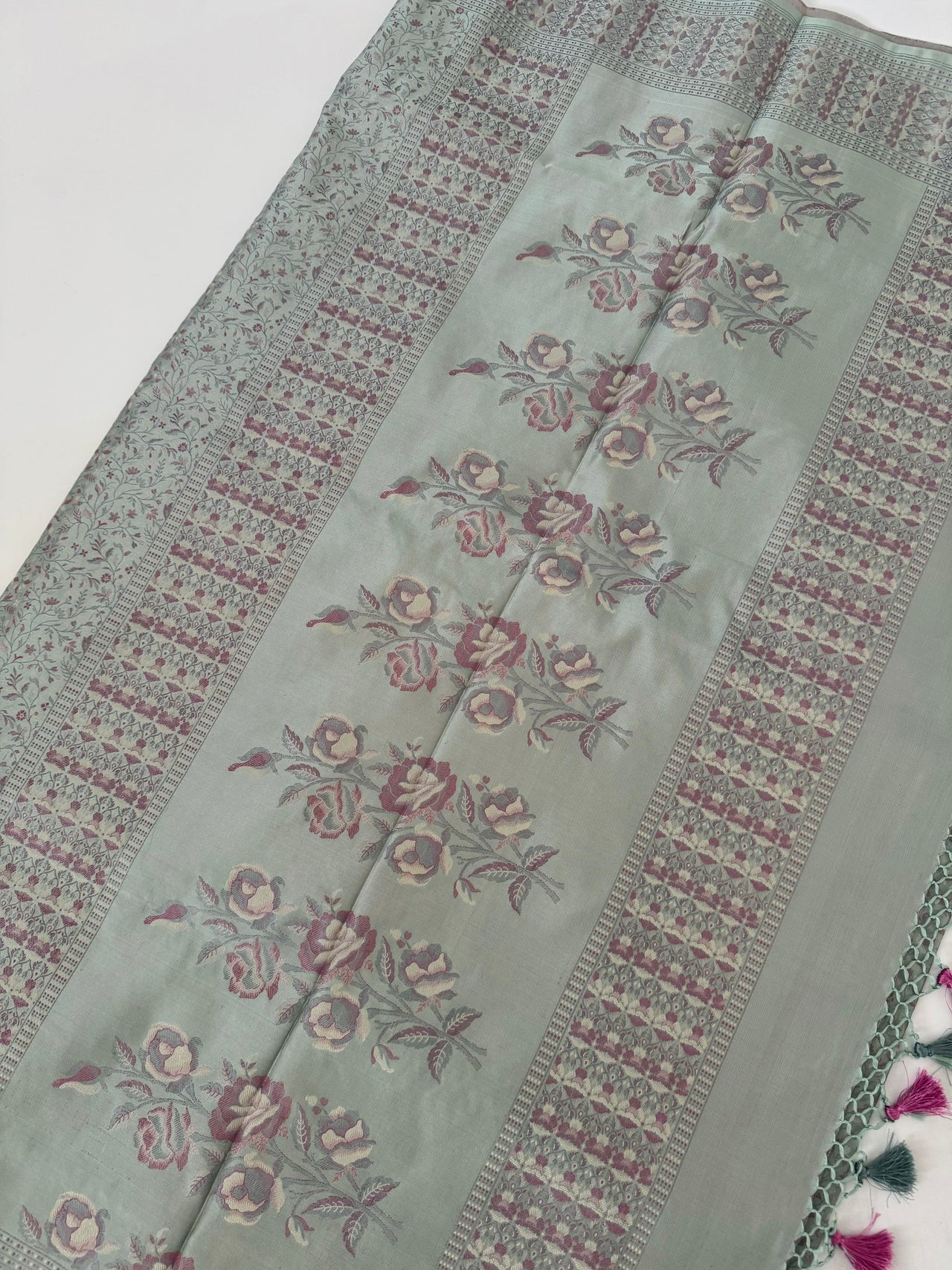 Satin Silk Saree from Banaras| Tanchoi weave | Light Gray Green | Handwoven | No Zari | Silk Mark Certified | Ships from California