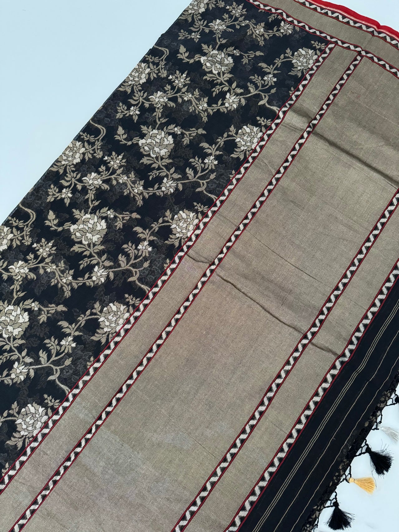 Pure Cotton Saree from Banaras | Black | Gold & Silver Zari | Kadwa Weave | Handwoven | Ships from California