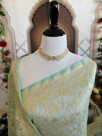 Thumbnail for Silk Organza Saree | Light Sea Green | Gold & Silver Zari | Handwoven | Ships from California