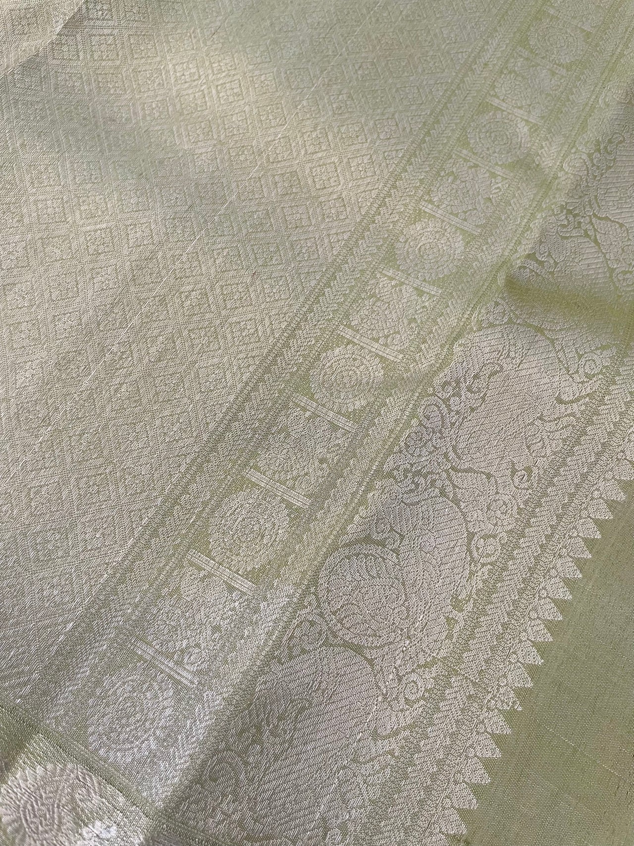 ShopNaya Exclusive | Metallic Kanchipuram Pure Silk Saree | Pastel Green | Pure Silver Zari | Handwoven | Ships from California