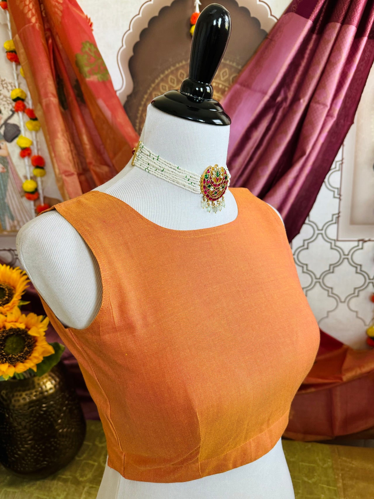 Ready To Wear Saree Blouse | Handwoven Cotton | Size 34 | Orange | Boat Neck | Free Shipping | Ships from California
