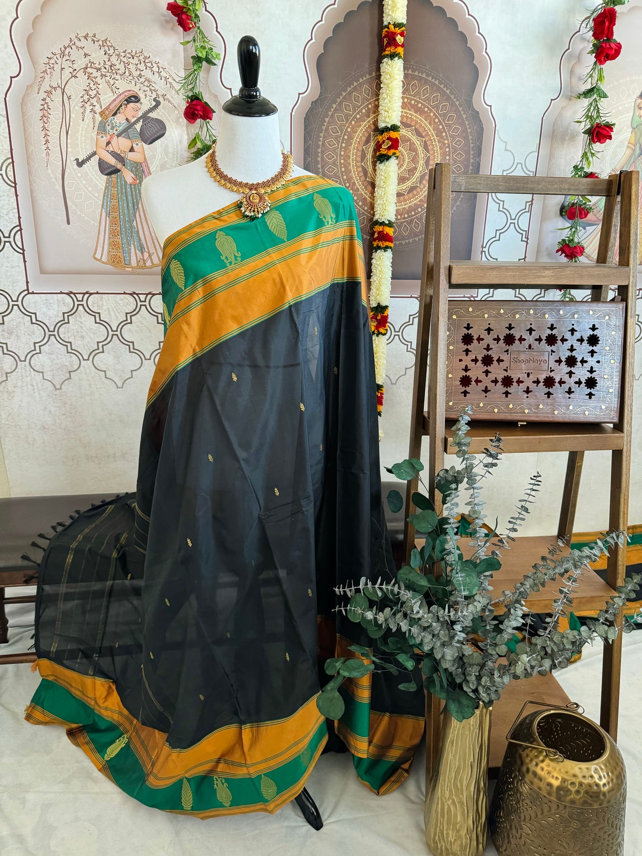 Kanchipuram silk saree | Black | Handwoven | Ships from California