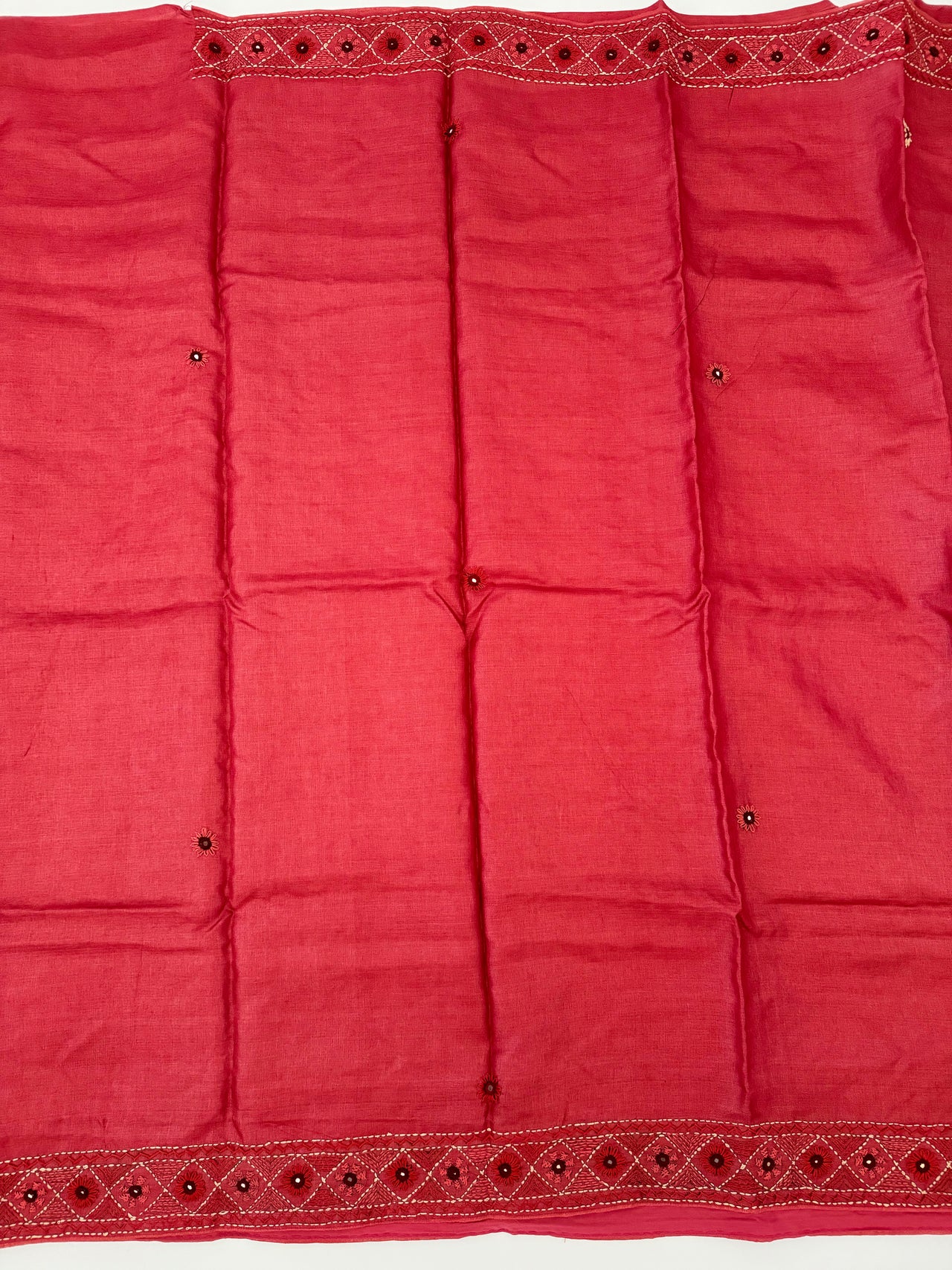 Lightweight Kutch Mirror Embroidery Pure Tussar Silk Saree | Shade of Light Vermillion Red | Hand Embroidery | Ships from California