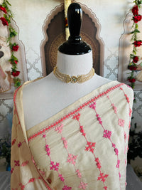 Thumbnail for Lightweight Kutch Embroidery Pure Tussar Silk Saree | Off White | Gujarati Hand Embroidery | Ships from California