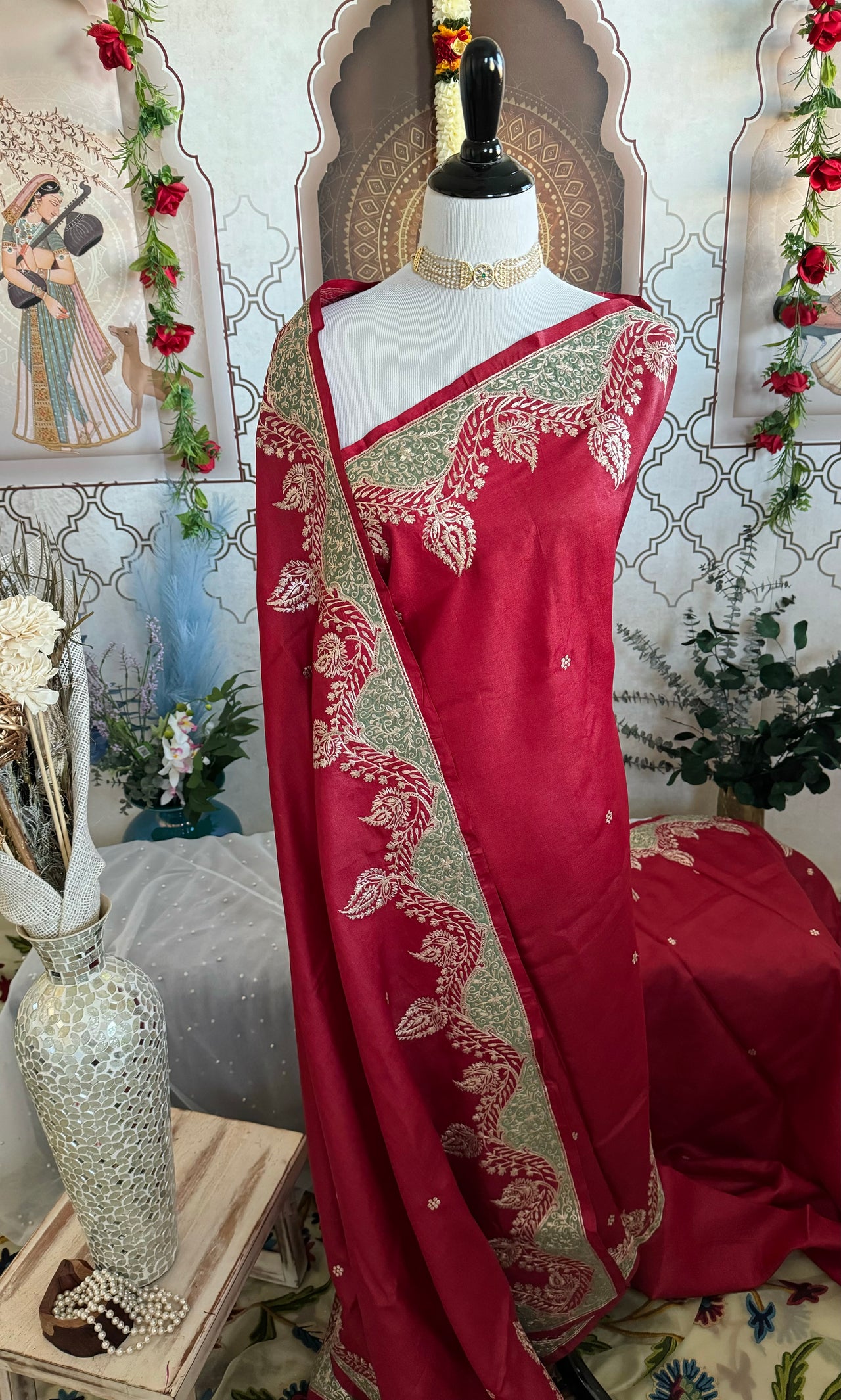 Lightweight Pure Tussar Silk Saree | Zardosi Pita Zari Work | Maroon | Hand Embroidery | Ships from California