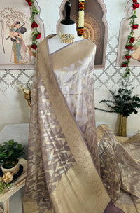 Thumbnail for Banarasi Tissue Silk Alfi Saree | Light Greyish Purple | Gold & Silver Zari | Handwoven | Silk Mark Certified | Ships from California