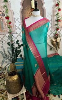 Thumbnail for Sheer Lightweight Organza Silk Saree with Tussar Silk Border | Antique Zari | Shade of Peacock Green | Handwoven | Ships from California