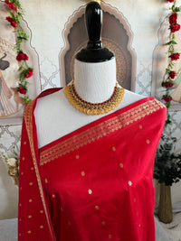 Thumbnail for Lightweight Banarasi Katan Silk Saree | Red | Gold Zari | Handwoven | Silk Mark Certified | Ships from California