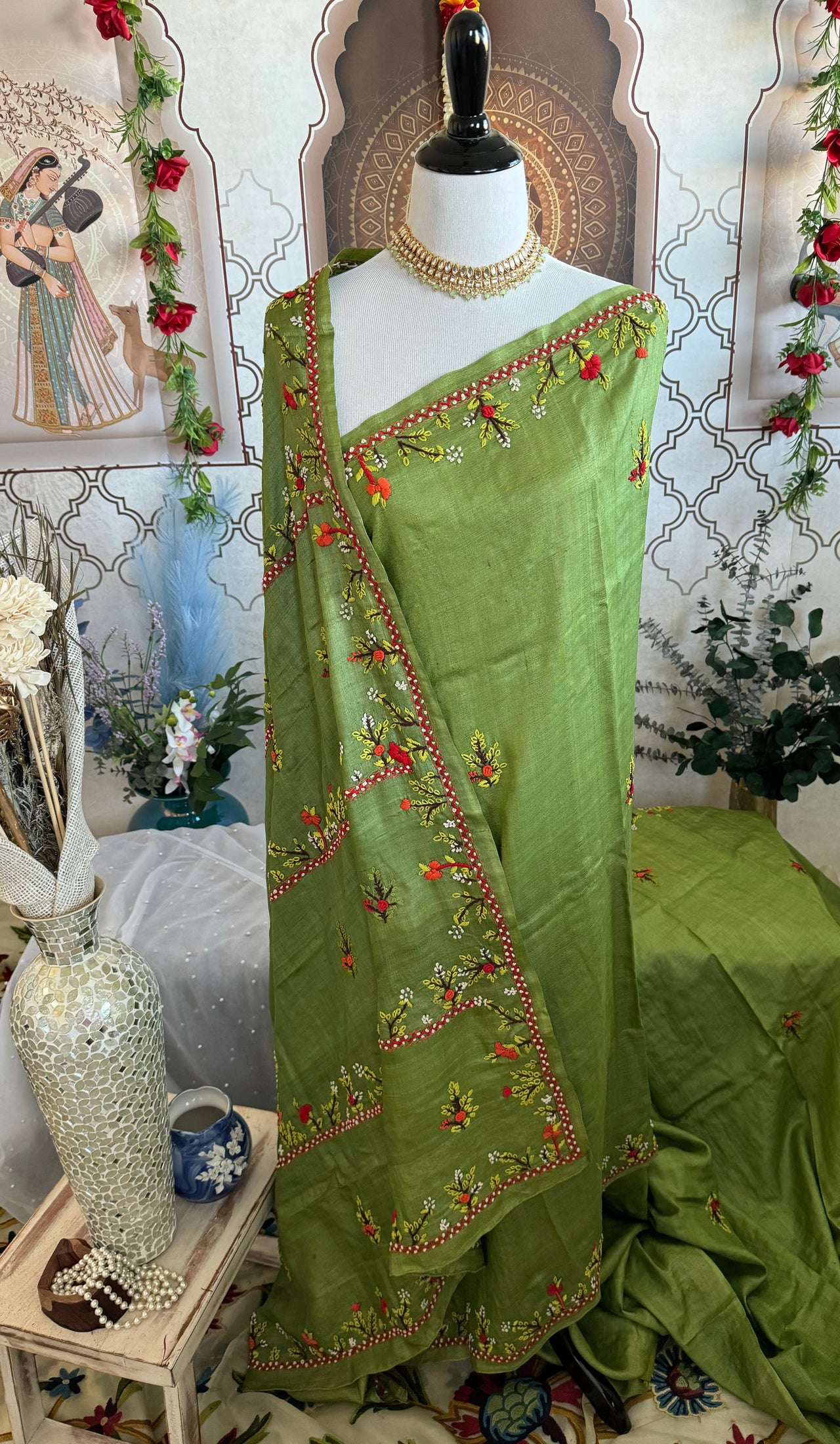 Lightweight Tribal Lambani Embroidery Pure Tussar Silk Saree | Light Moss Green | Hand Embroidery | Ships from California