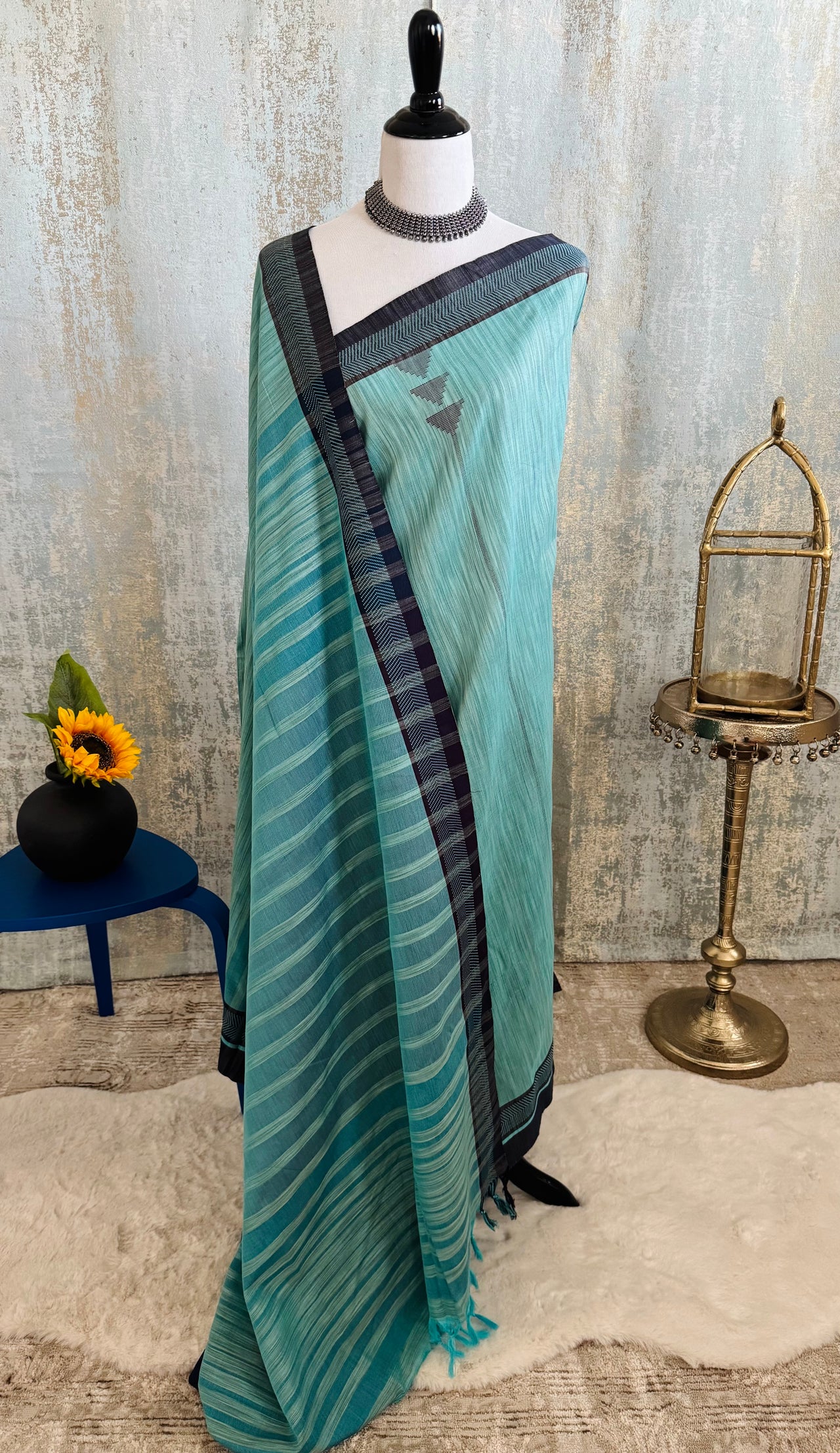 ShopNaya Exclusive | Handwoven | Pure Cotton Saree | Jamdani Weave | No Blouse | Sky Blue | Thread Work | Ships from California