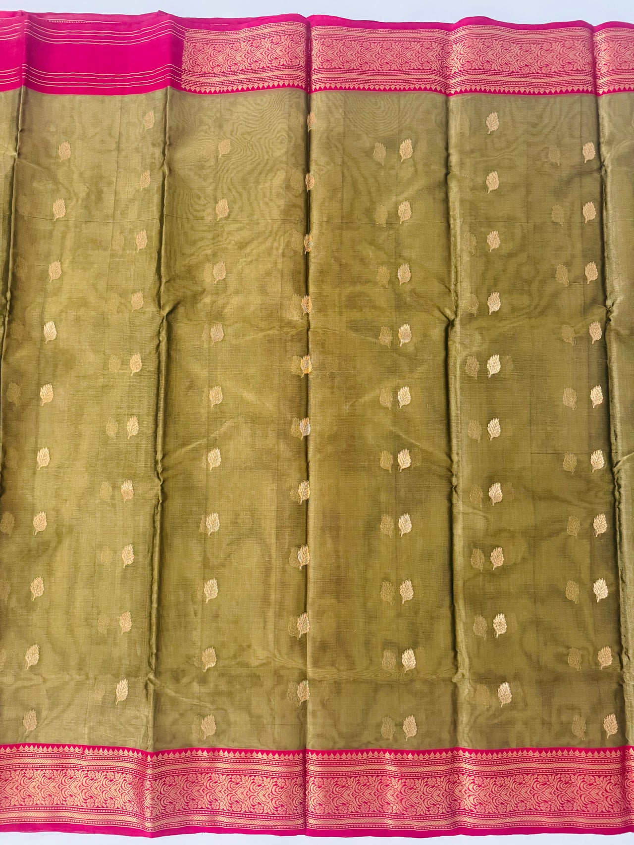 Chanderi Silk Saree | Handwoven | Silk | Light Moss Green & Pink | Gold Zari | Ships from California