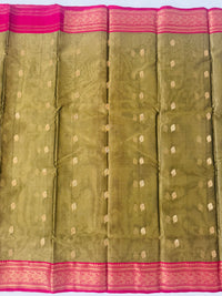 Thumbnail for Chanderi Silk Saree | Handwoven | Silk | Light Moss Green & Pink | Gold Zari | Ships from California
