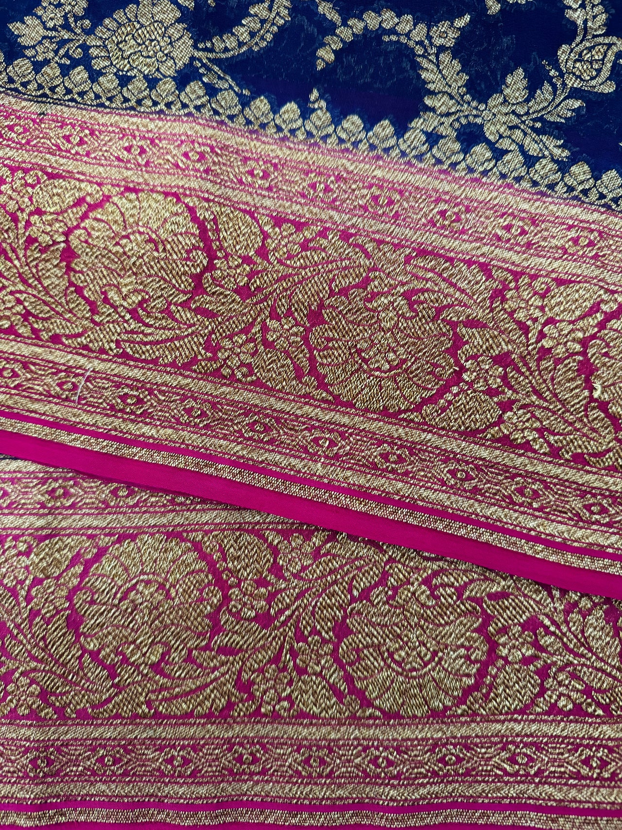 Handwoven Chiffon Saree | Royal Blue & Magenta | Gold Zari | Ships from California