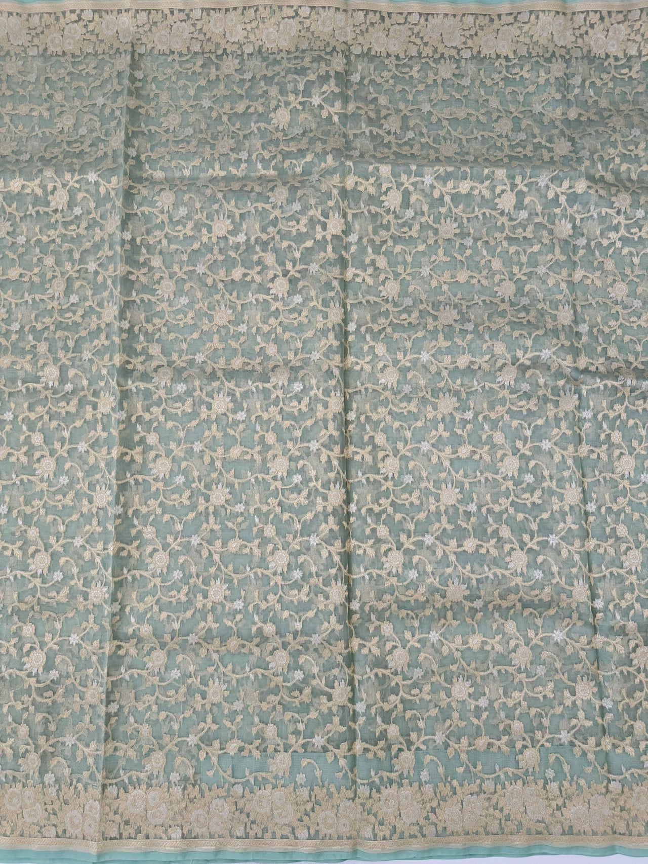 Silk Organza Saree | Light Sea Green | Gold & Silver Zari | Handwoven | Ships from California