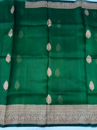 Thumbnail for Sheer Lightweight Organza Silk Saree with Tussar Silk Border | Antique Zari | Shade of Forest Green | Handwoven | Ships from California