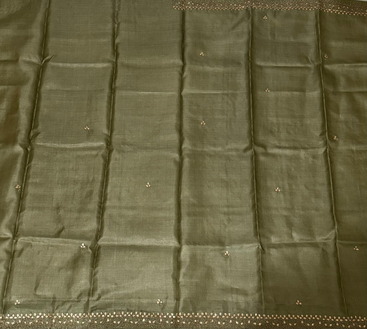 Lightweight Gotta Patti Embroidery Pure Tussar Silk Saree | Sage Green | Hand Embroidery | Ships from California