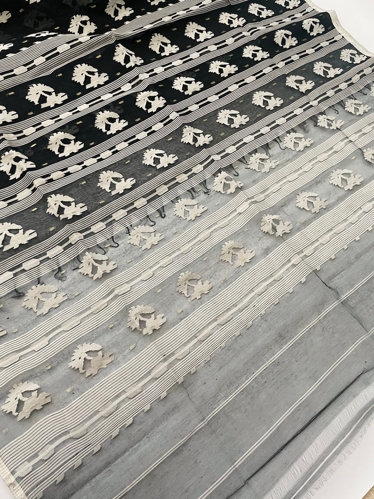 Authentic Dhakai Jamdani Muslin Saree from Bangladesh | Handwoven | Black | White and Gold Threads | Ships from California