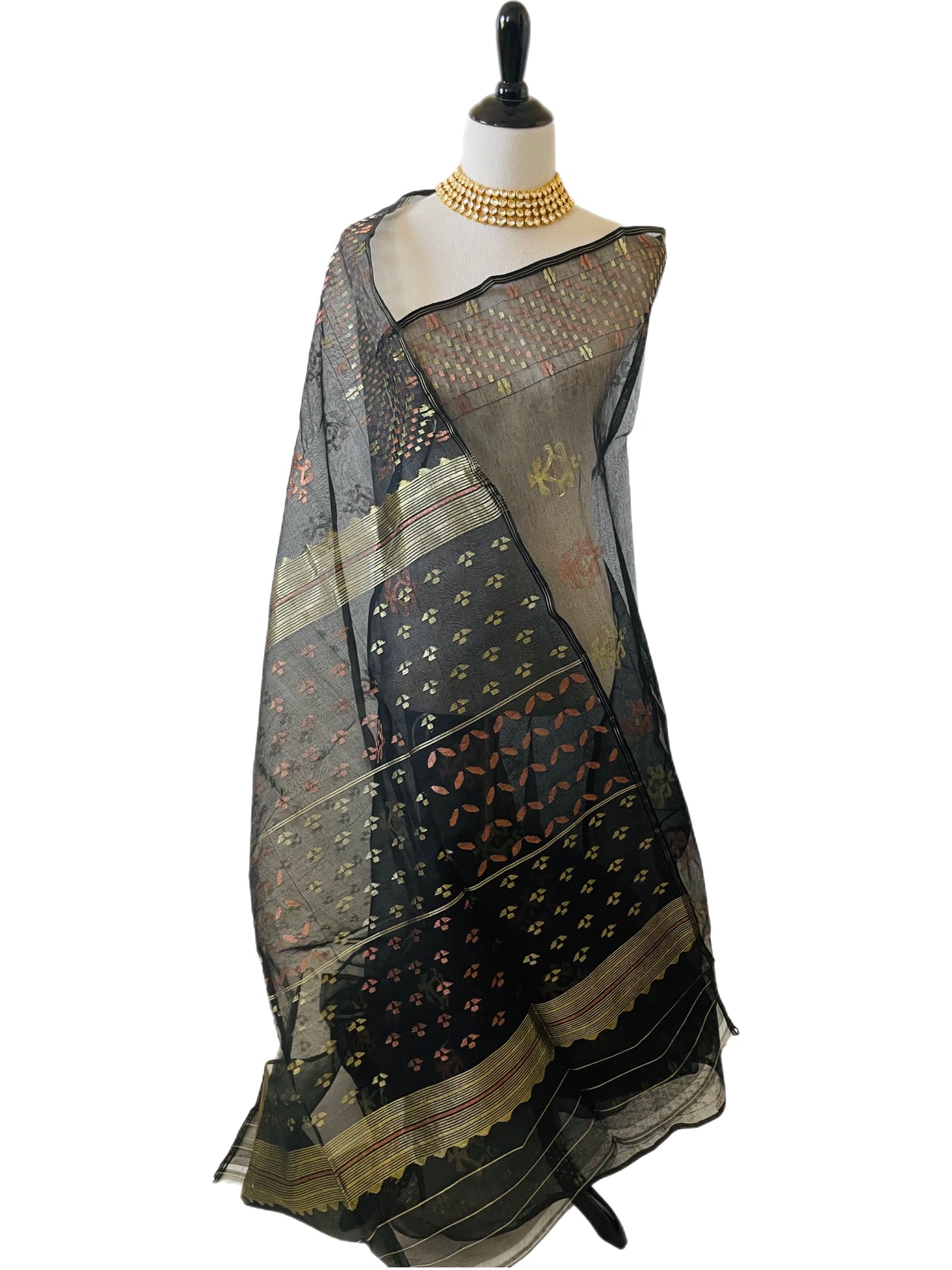 Authentic Dhakai Jamdani Muslin Saree from Bangladesh | Handwoven | Black | Gold and Copper Threads | Ships from California