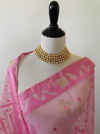 Thumbnail for Authentic Dhakai Jamdani Muslin Saree from Bangladesh | Handwoven | Bubblegum Pink | Pink and Gold Threads | Ships from California