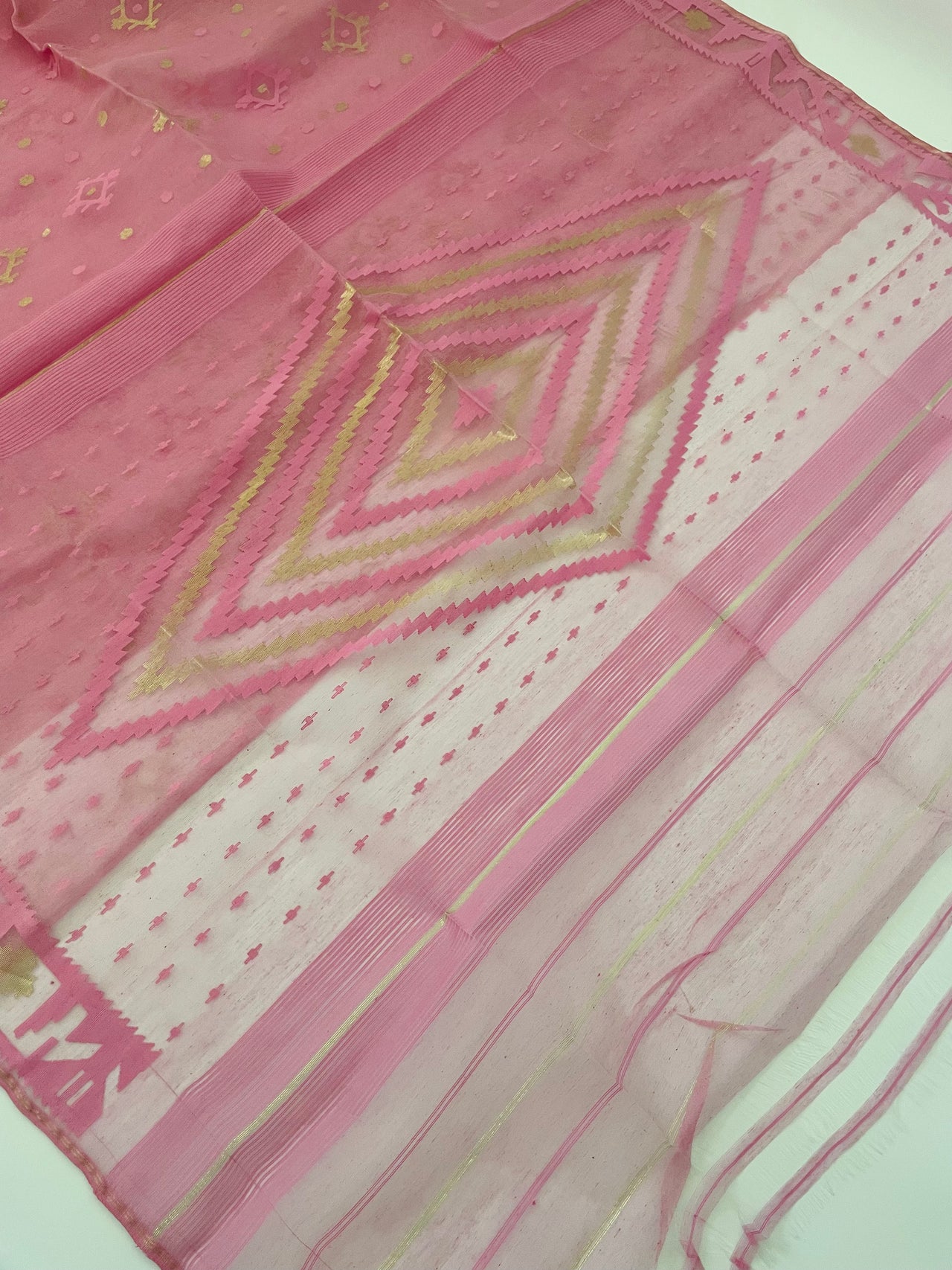 Authentic Dhakai Jamdani Muslin Saree from Bangladesh | Handwoven | Bubblegum Pink | Pink and Gold Threads | Ships from California