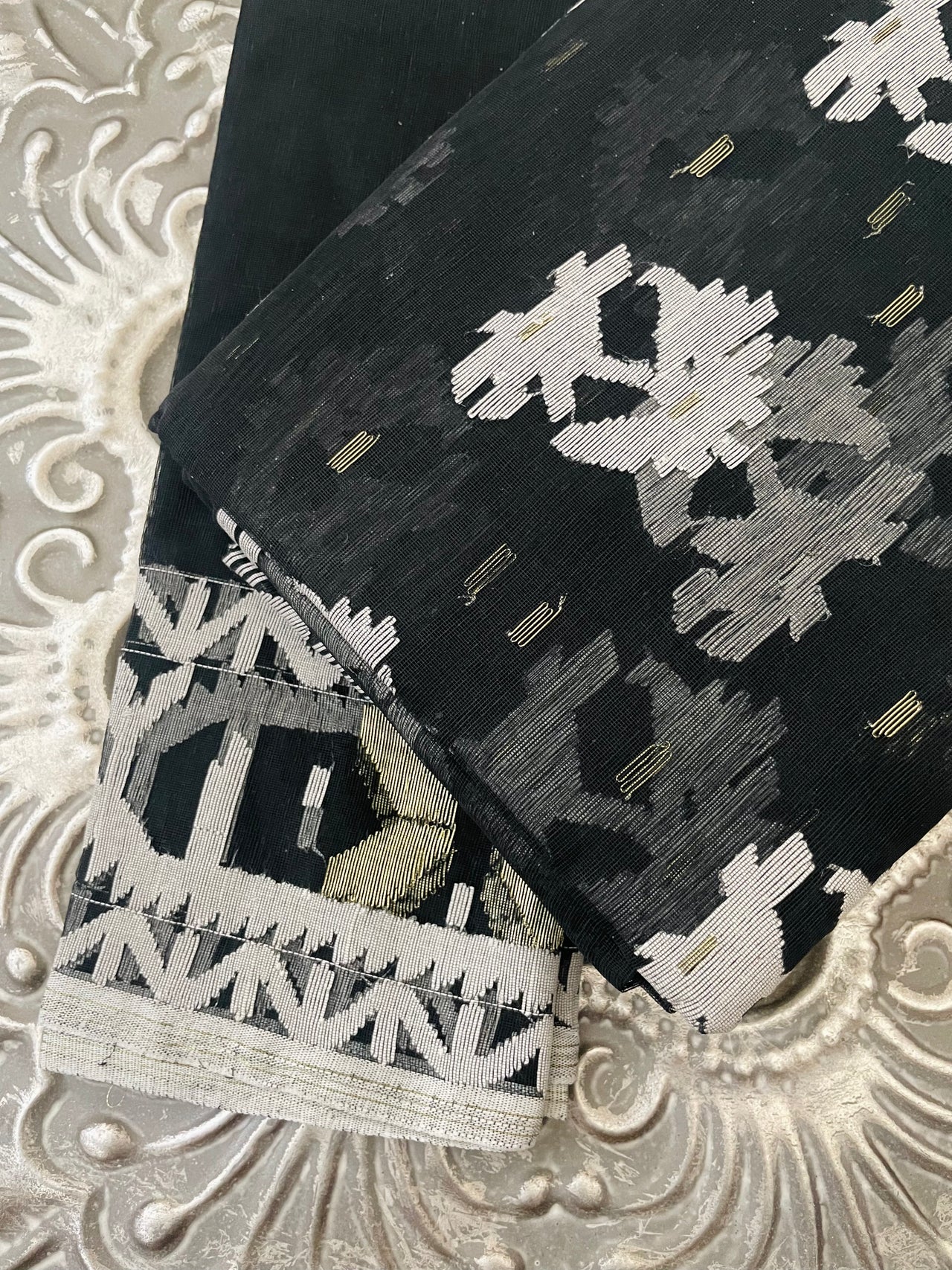 Authentic Dhakai Jamdani Muslin Saree from Bangladesh | Handwoven | Black | White and Gold Threads | Ships from California